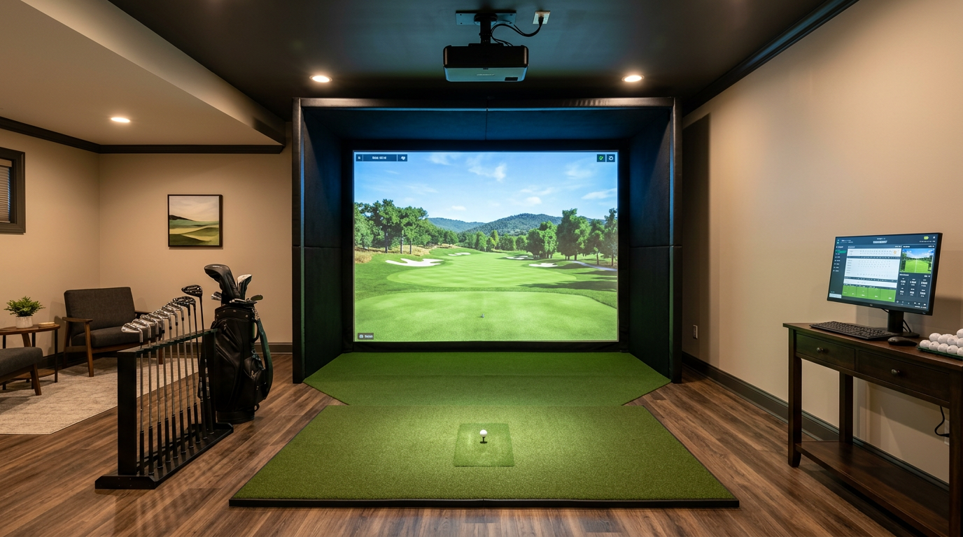 Clean residential golf simulator room with impact screen displaying golf course, turf hitting mat, and overhead launch monitor in a finished basement