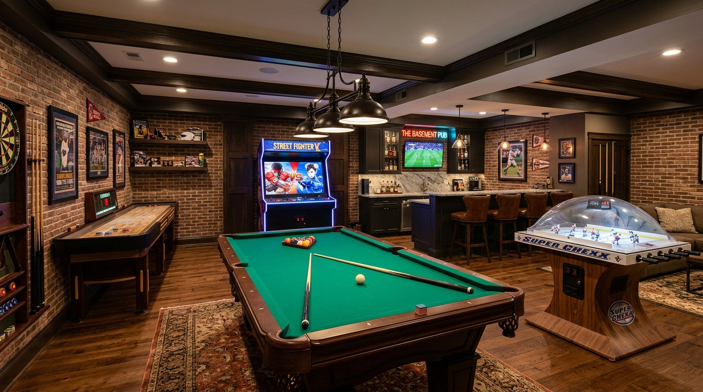 Fully-equipped home game room with pool table, bubble hockey, shuffleboard, and arcade cabinet in a finished basement