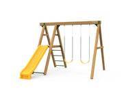 PlayStar Mesa Bronze Swing Set with yellow scoop slide, climbing rungs, and two swings in a backyard setting