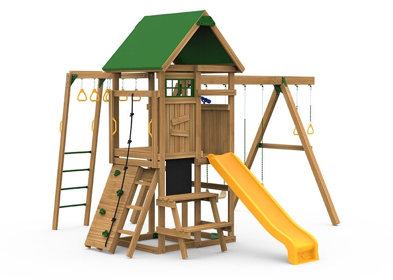 PlayStar Highland Bronze wooden swing set with green roof, yellow scoop slide, climbing ladder, monkey rings, and swings in a backyard