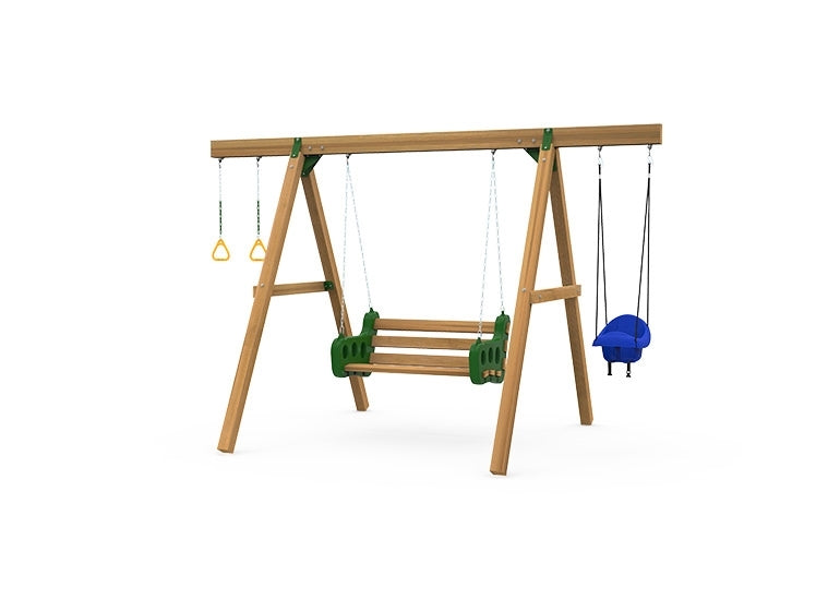 PlayStar Horizon Gold Quick Assemble Wooden Swing Set with contoured leisure swing and toddler swing in a backyard setting