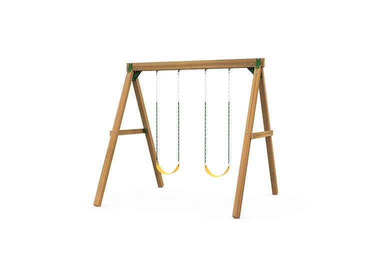 PlayStar Horizon Bronze Quick Assemble Wooden Swing Set with two swing seats in a backyard