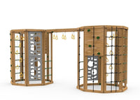 PlayStar Cliff-Hanger Gold Playset featuring dual climbing structures with cargo nets, climbing rungs, monkey rings, and rock walls