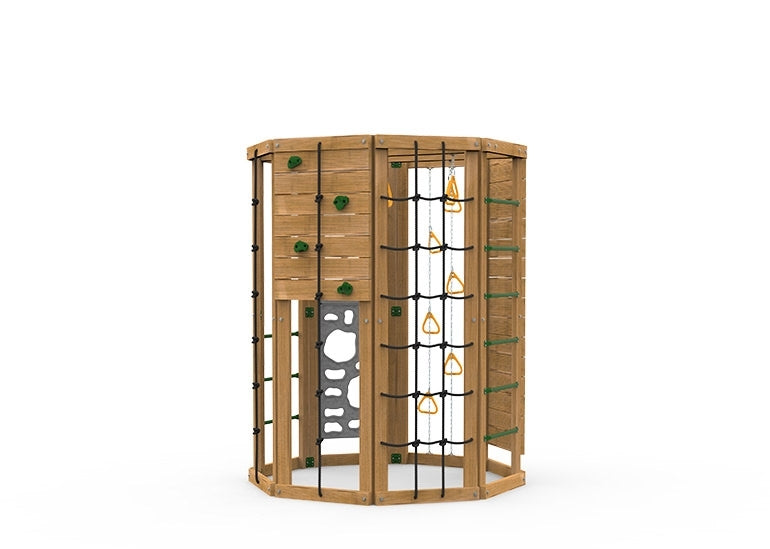 PlayStar Cliff-Hanger Bronze Playset featuring climbing ropes, cargo net, and climbing rocks in compact footprint