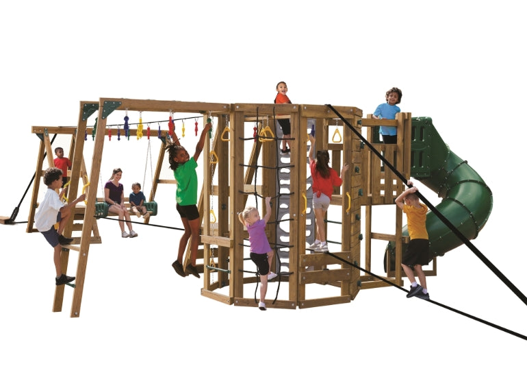 PlayStar Ninja Power Tower Gold playset with children climbing, swinging, and playing on the full obstacle course