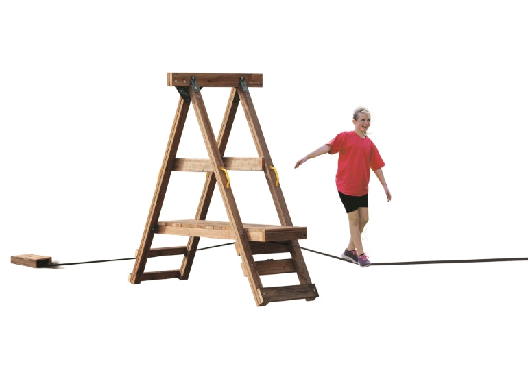 Ninja Power Platform Bronze Playset with child balancing on slackline - compact backyard obstacle course