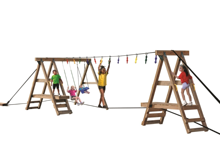 PlayStar Ninja Power Platform Gold Playset with children climbing, swinging, and navigating ninja obstacle course