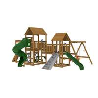 PlayStar Super Star XP Gold Playset featuring dual slides, climbing wall, swings, and elevated play decks in a backyard setting