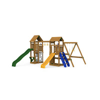 PlayStar Super Star XP Bronze wooden playset featuring dual slides, climbing wall, and swings