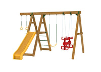 PlayStar Mesa Plus compact wooden swing set with yellow slide, swing seat, Air Rider, gym rings, and climbing bars
