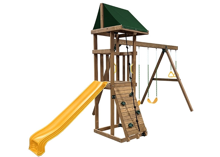 PlayStar Maverick Swing Set with wooden play deck, green roof, yellow slide, climbing rock wall, and swing beam in a backyard setting
