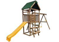 PlayStar Canyon Freedom Fort Swing Set with elevated clubhouse, yellow slide, swings, and climbing bars - full assembled view