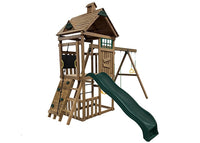 PlayStar Denali Freedom Fort Swing Set with elevated clubhouse, slide, swings, climbing bars, and rock wall