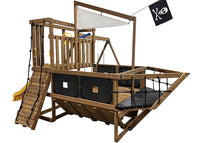 PlayStar Pirate Ship Swing Set with wooden play deck, mast, hull, climbing rock wall, and swing seats - full view