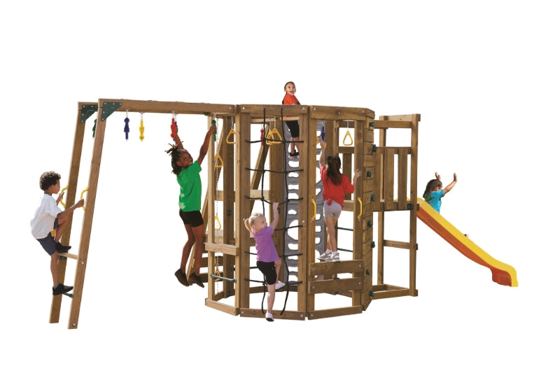 PlayStar Ninja Power Tower Bronze Playset with children climbing, swinging, and sliding - full view