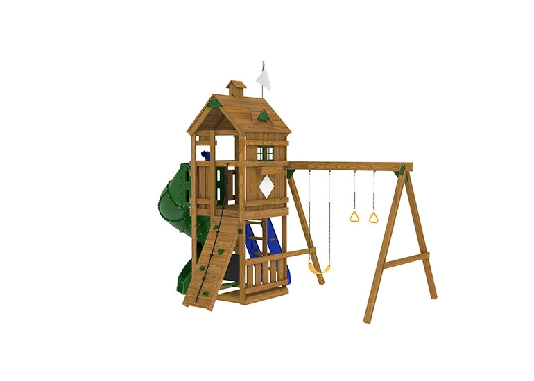PlayStar Trainer Gold Playset with climbing steps, spiral tube slide, swings, and fort structure - full hero view