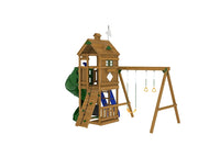 PlayStar Trainer Gold Playset with climbing steps, spiral tube slide, swings, and fort structure - full hero view