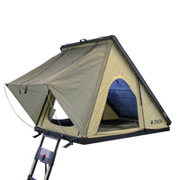 OVS LD TMON Clamshell Aluminum Hard Shell Roof Top Tent - Tan Body & Green Rainfly, 3/4 View