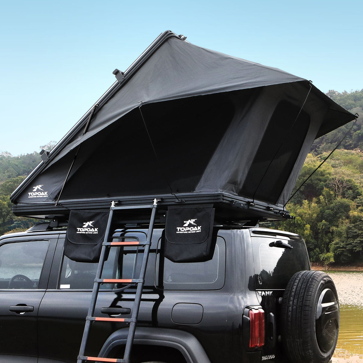 TOPOAK Galaxy Pro rooftop tent open showing interior sleeping area