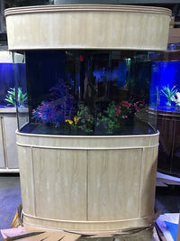 140 Gallon Seamless Glass Bowfront Aquarium, Reef-Ready | Unstained Wood Cabinet and Canopy