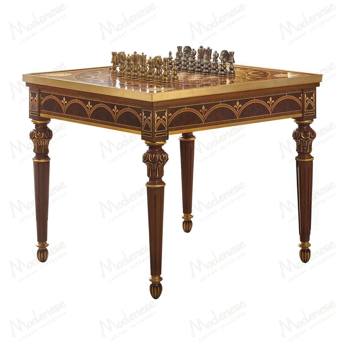 Modenese Elite Gaming Table with inlaid wooden top and classic walnut finish - front view