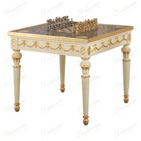 Modenese Royal Symphony Gaming Table - ivory lacquered finish with gold leaf details and inlaid wooden top, front view