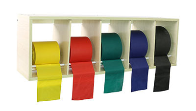 CanDo Universal Band plastic rack with 5 rolls of Sup-R Band latex-free exercise band, yellow through black