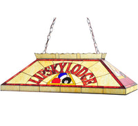 Meyda 39-inch Personalized Lipsky Lodge Oblong Pendant - front view with billiards stained glass design