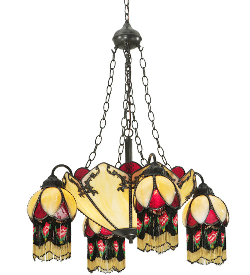 Meyda Tiffany Isabella 4 Arm Chandelier 29 inch wide Craftsman Brown with Beige art glass and hand-beaded fringe