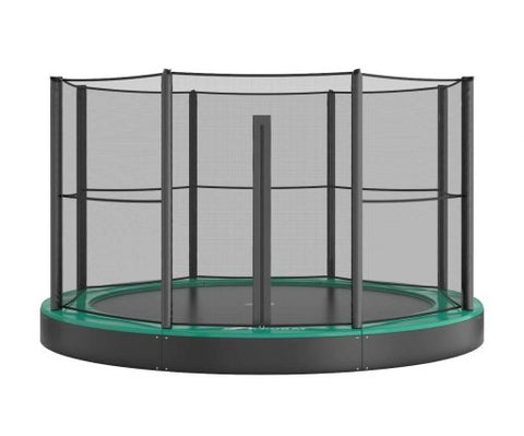 Image of Akrobat 12ft Round Primus Flat In-Ground Trampoline – Green (Green Pad with Black Jump Mat)