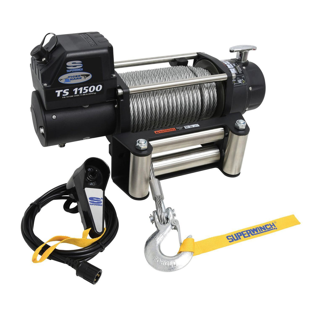 Superwinch Tiger Shark 11500 12V electric winch with steel wire rope - front three-quarter driver side view