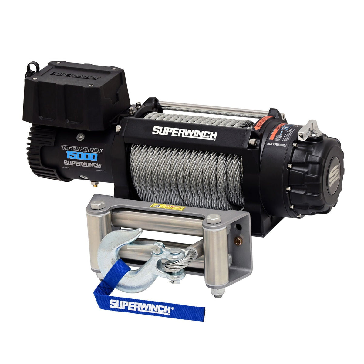 Superwinch Tiger Shark 15000 12V Electric Winch with Steel Wire Rope - three-quarter front view