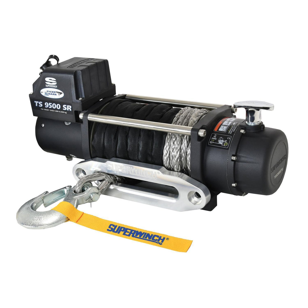Superwinch Tiger Shark 9500SR 12V electric winch with synthetic rope - three-quarter front view
