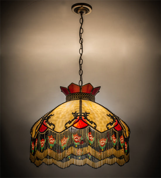 Meyda 21-inch Isabella Pendant with Beige Art Glass and Red Cathedral Accents - front view