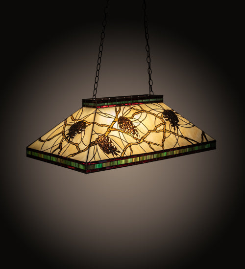 Meyda 39 inch Pinecone Mission Oblong Pendant in Mahogany Bronze with stained glass shade - front view