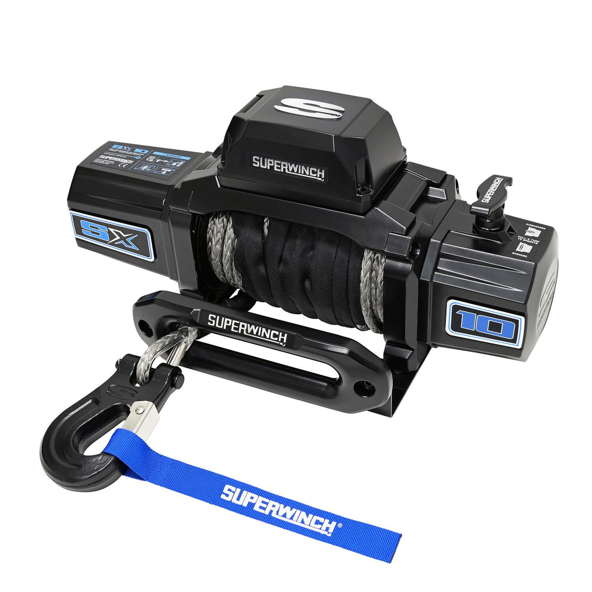 Superwinch SX10SR 10000 lb 12V electric winch with synthetic rope - three-quarter front view, black finish