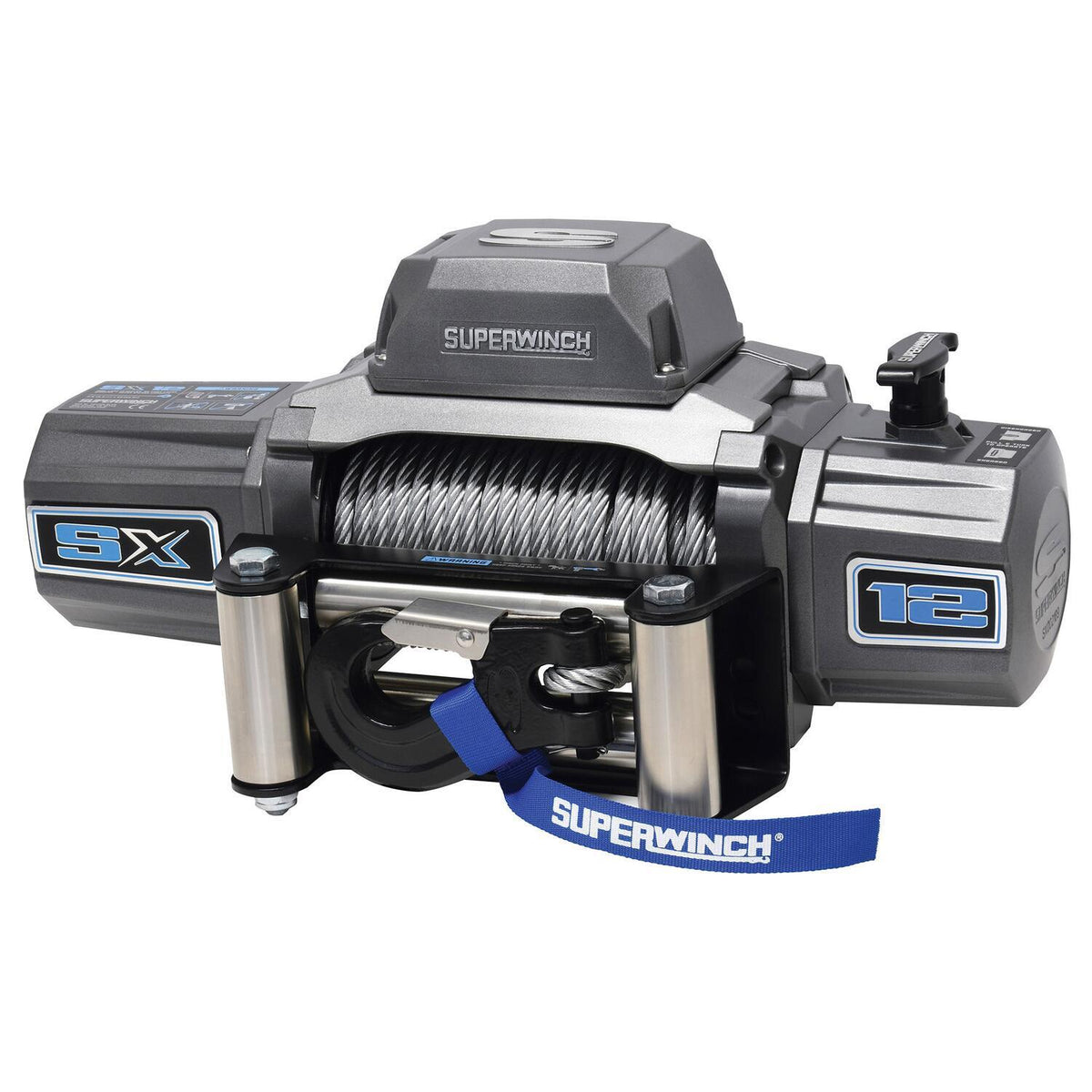 Superwinch SX12 12000 lb 12V electric winch with steel wire rope in graphite finish - three quarter front view