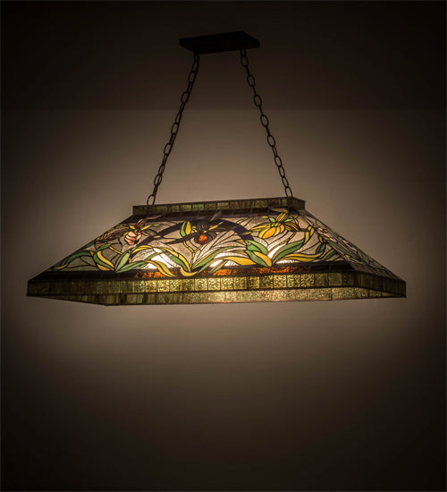 Meyda Tiffany 39 inch Lady Slippers Oblong Pendant in Mahogany Bronze with Royal Purple Lady Slipper art glass design