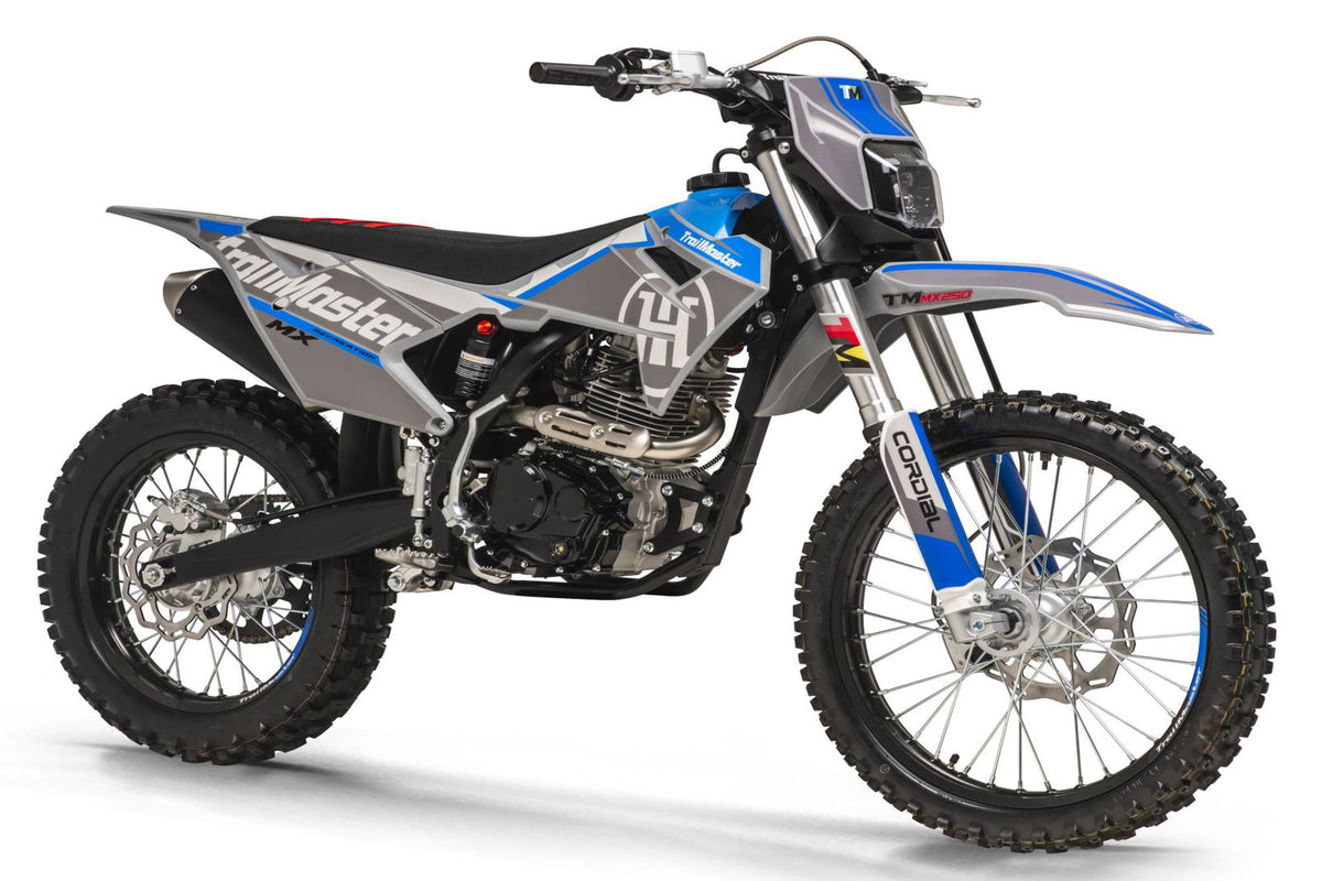 TrailMaster MX250 223cc Dirt Bike full side view - 5-Speed Manual with Dual Disc Brakes