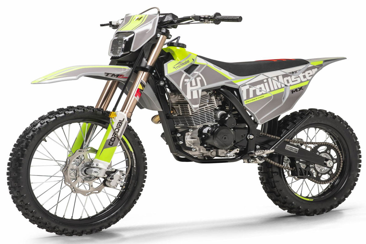 TrailMaster MX250-Pro 250cc Dirt Bike full side view - 5-Speed Manual with Dual Disc Brakes and Electric Start
