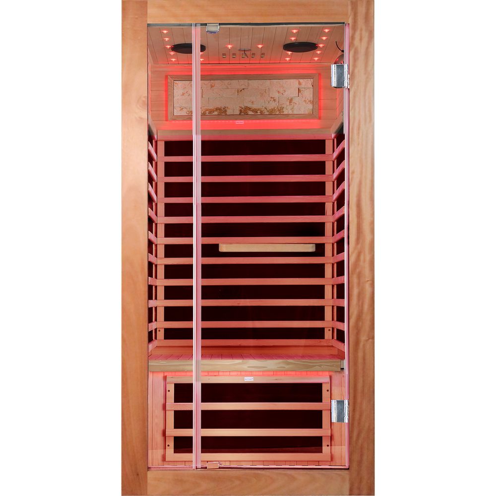 American White Oak one-person infrared sauna with starry sky lighting - front view