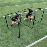 Rae Crowther 2 Man Chute Stall with players demonstrating proper low stance technique