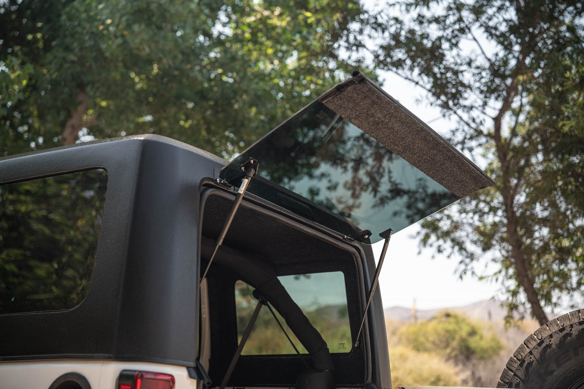 DV8 Offroad Square Back Hard Top installed on white 2007-2018 Jeep Wrangler JKU 4-Door - side profile view