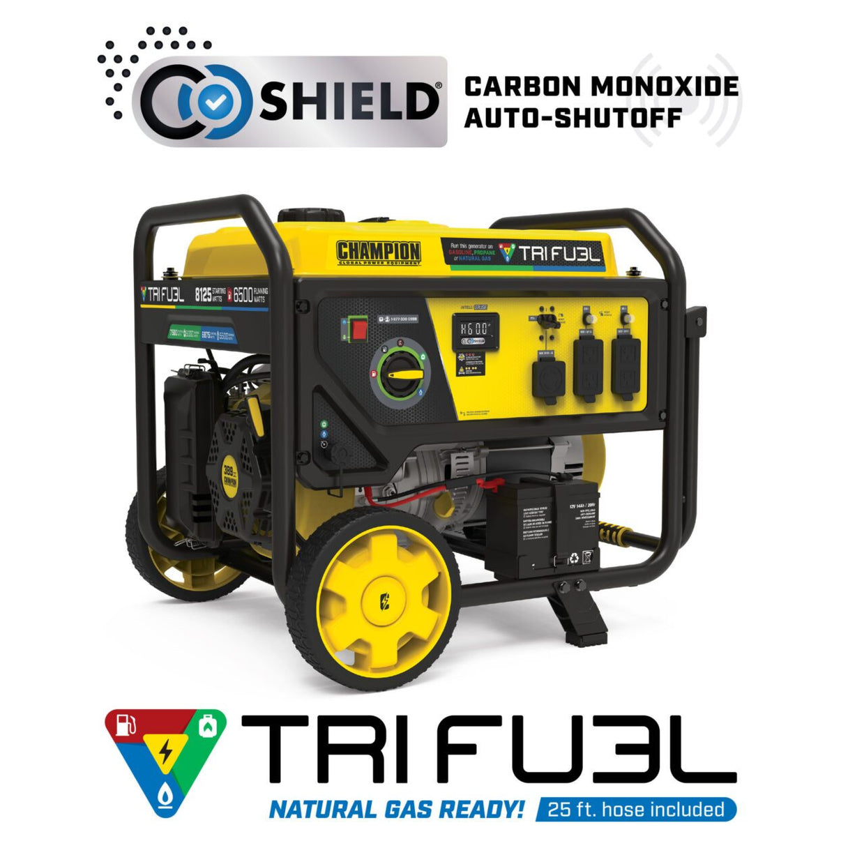 Champion 6500W Tri-Fuel Portable Generator with CO Shield - front view