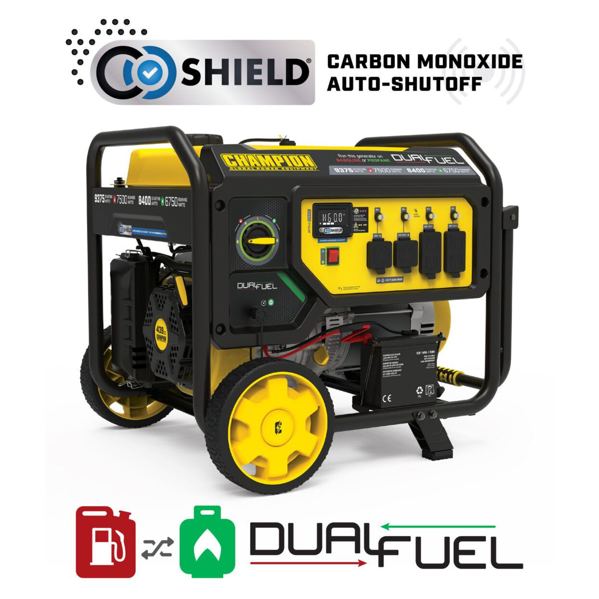 Champion 7500W Dual Fuel Portable Generator with CO Shield - front view