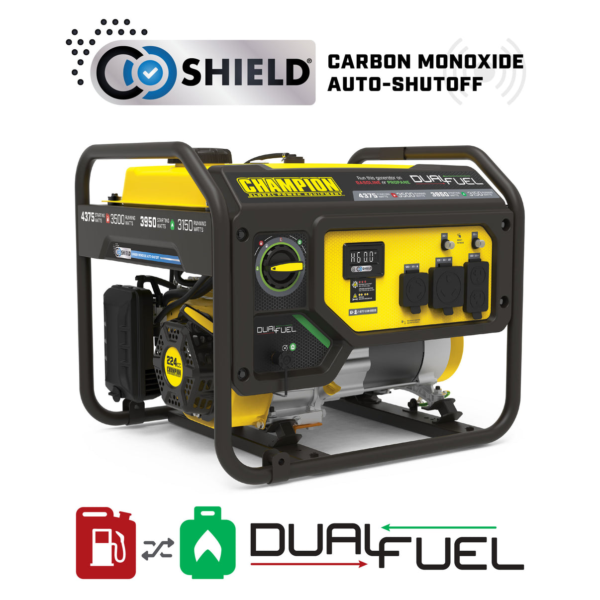 Champion 3500W Dual Fuel Portable Generator with CO Shield - front view