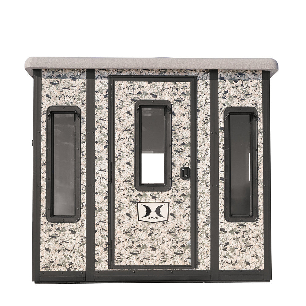 Hawk 'The Compound' Box Blind - front view showing steel insulated construction and residential glass windows