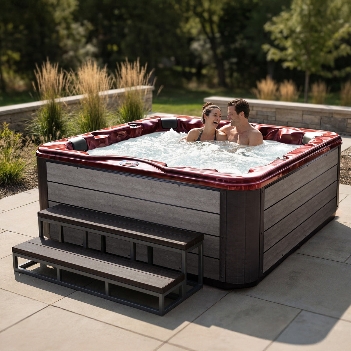 American Spas AMZ745L lounger spa in dark cherry interior with silver oak cabinet - outdoor environment