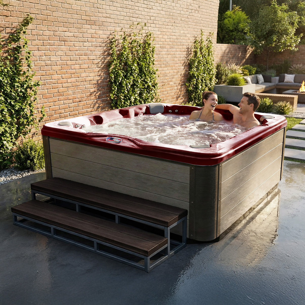 American Spas AMZ756B hot tub environment shot - Dark Cherry interior with Silver Oak cabinet