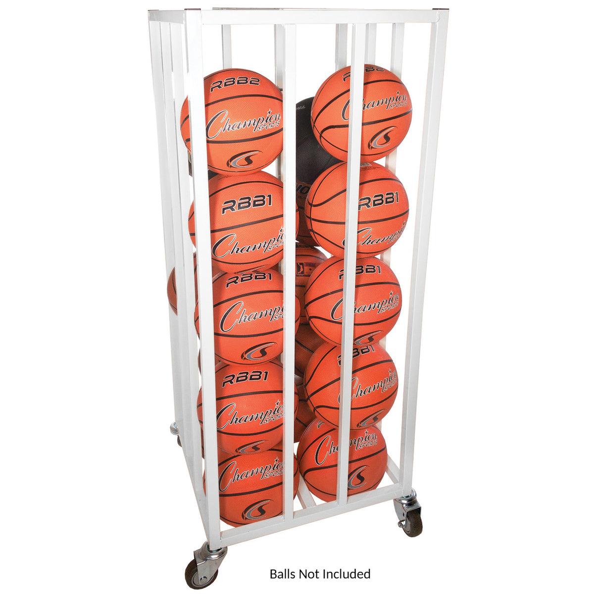 Champion Sports Deluxe Vertical Ball Cage holding up to 20 basketballs with caster wheels